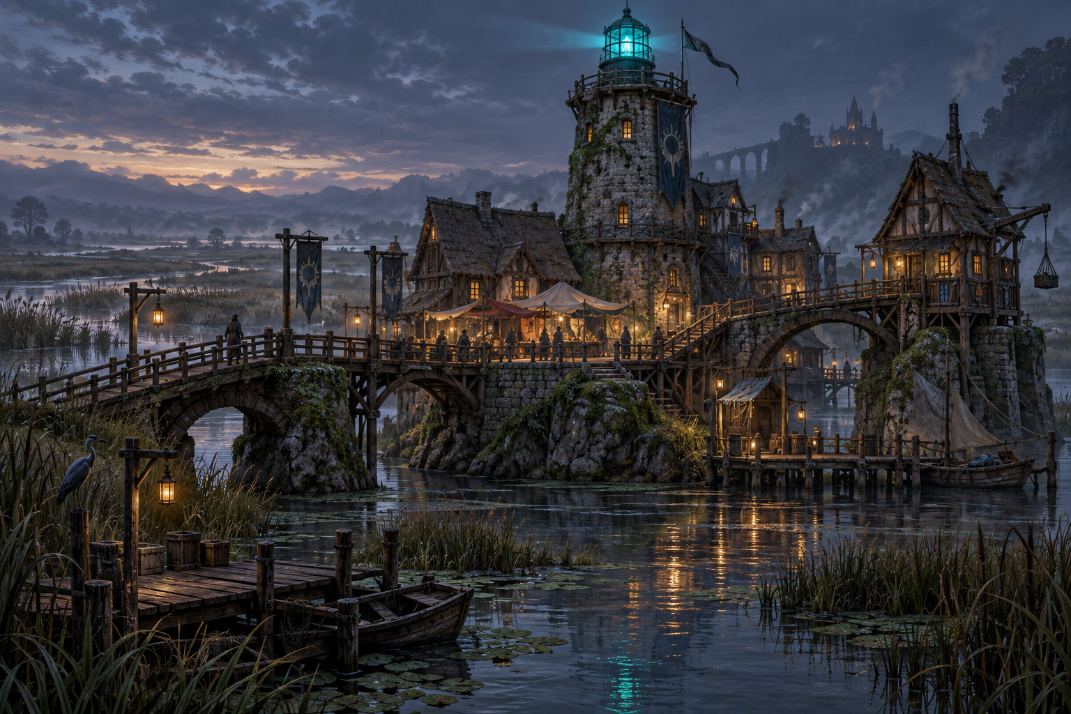 A 2D fantasy environment concept showing an amber-lit marsh outpost, arched bridges, and a stone tower with a cyan beacon at dusk.